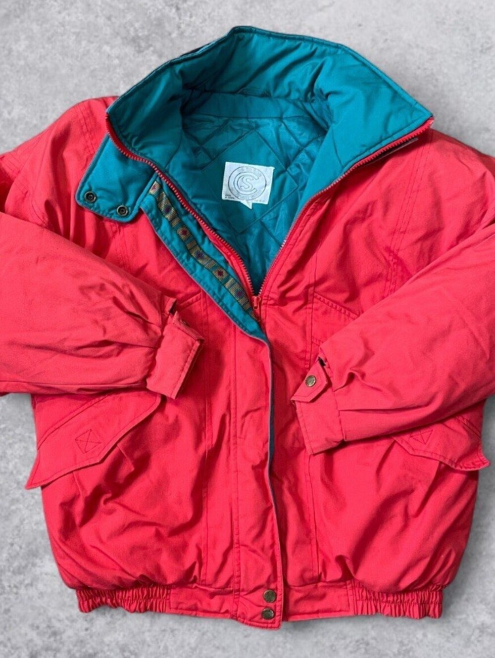 Vintage Women’s S Current Seen 80s Red Teal Color Block Puffer Jacket Coat Retro